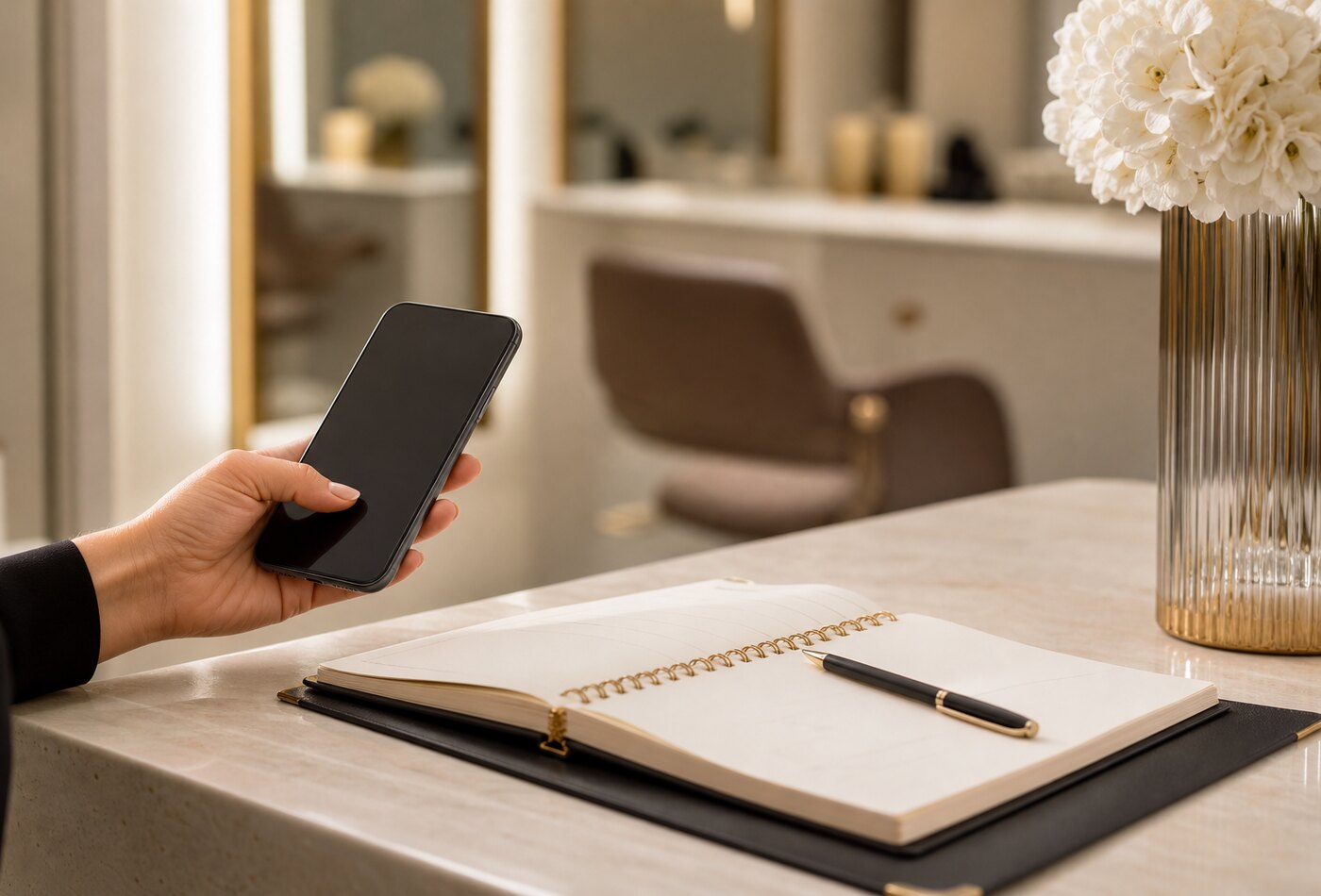 Telefon i notes wizyt na recepcji salonu fryzjerskiego